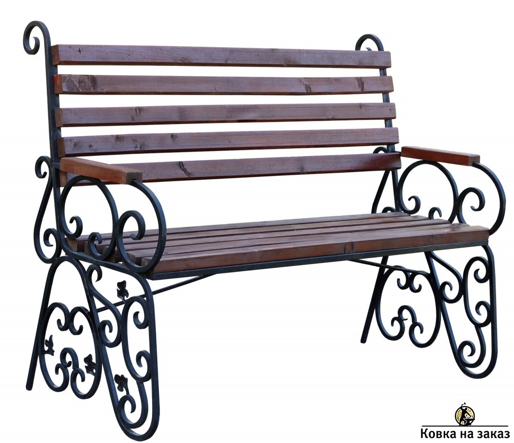 Садовая скамейка с коваными боковинами и деревянными сиденьем и спинкой
Классическая кованая скамейка для&nbsp;сада с&nbsp;минималистичным дизайном, фото 1