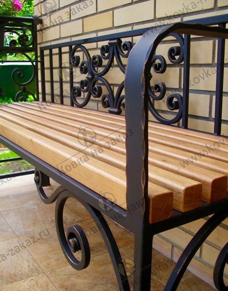 Скамейка для крыльца с металлической спинкой и деревянными сиденьем, фото 2